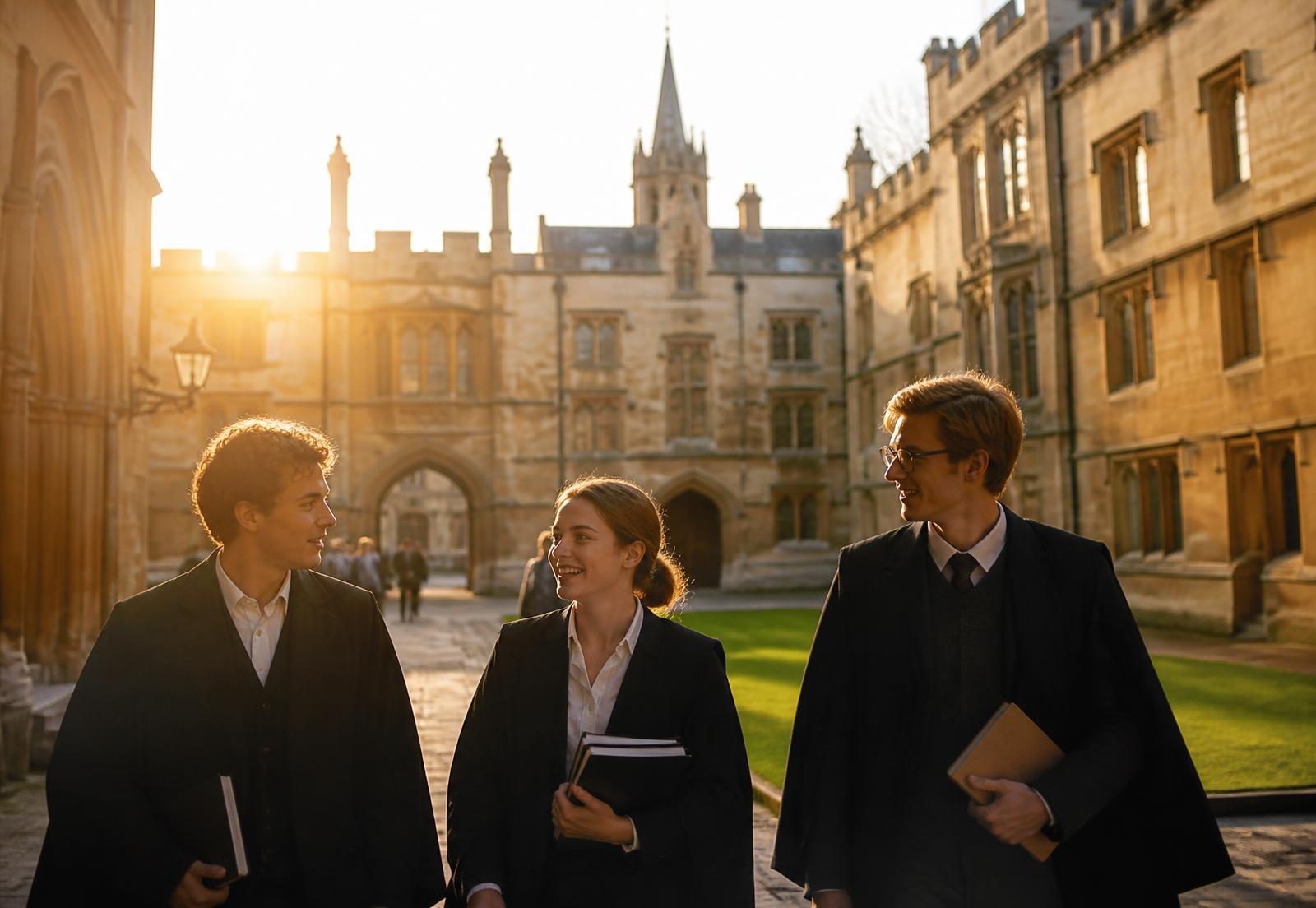 Students walking through a historic UK university quadrangle at golden hour